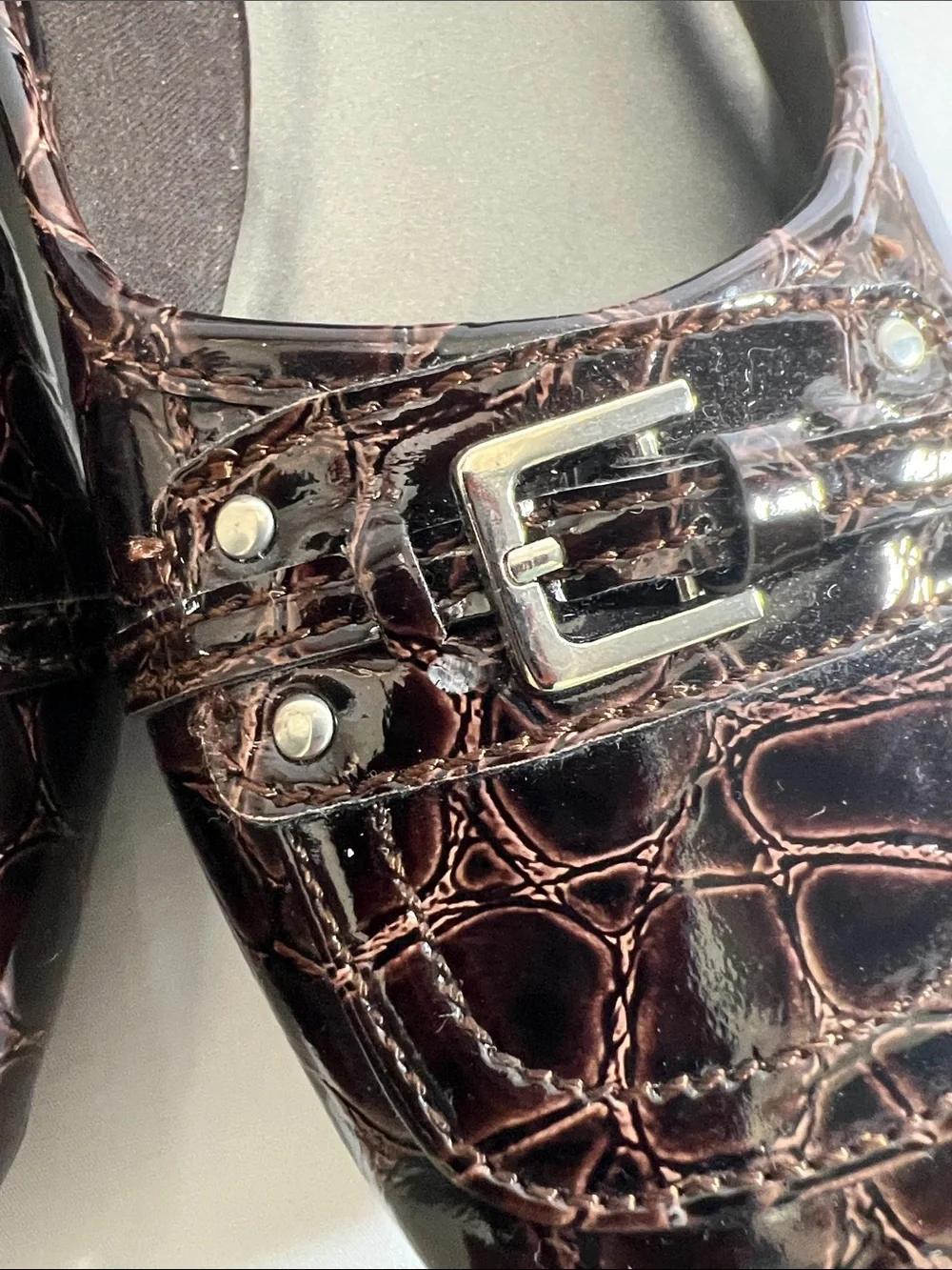 Classic Brown Croc-Embossed Buckle Ballet Flats